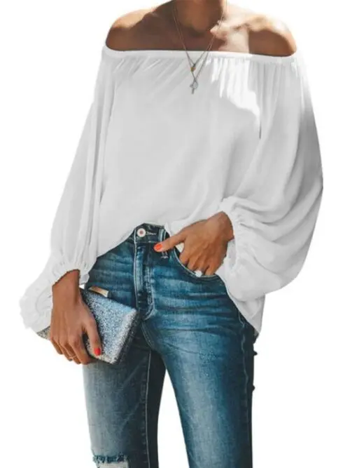 Off-Shoulder Solid Color Loose Long Sleeve Top with Lantern Sleeves