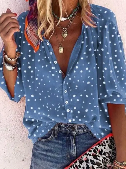 Polka Dot Snowflake Print V-Neck Long Sleeve Button-Up Women’s Shirt