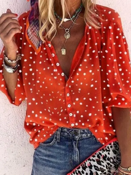 Polka Dot Snowflake Print V-Neck Long Sleeve Button-Up Women’s Shirt