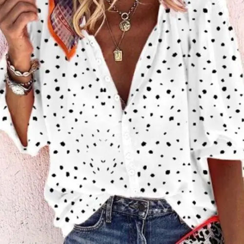 Polka Dot Snowflake Print V-Neck Long Sleeve Button-Up Women’s Shirt