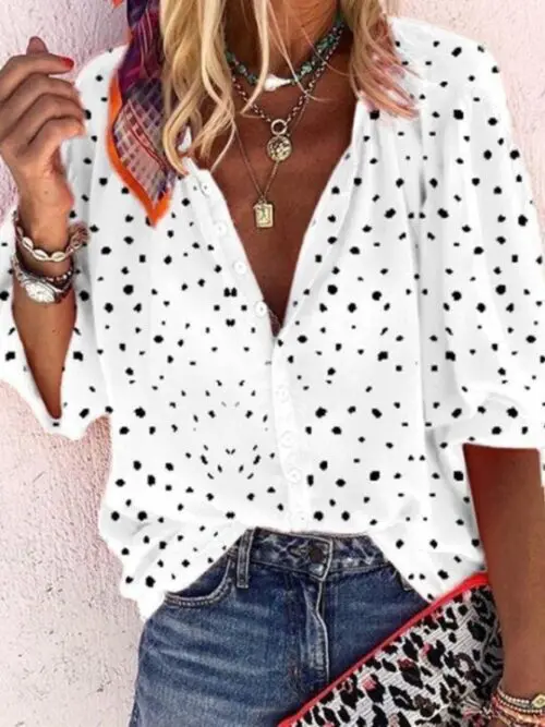 Polka Dot Snowflake Print V-Neck Long Sleeve Button-Up Women’s Shirt