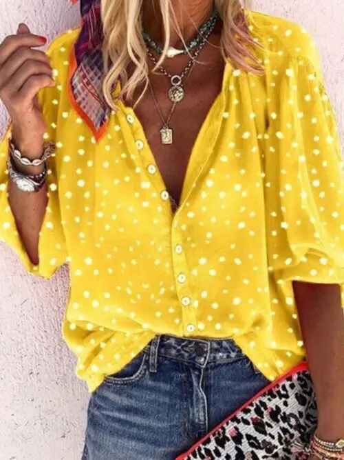 Polka Dot Snowflake Print V-Neck Long Sleeve Button-Up Women’s Shirt