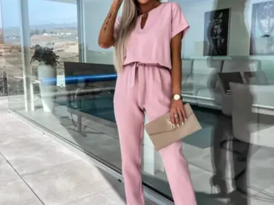 Chic Short-Sleeved V-Neck Jumpsuit with Slip Pocket, Elastic Waist, and Tie-Up Pencil Pants