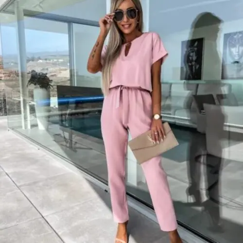Chic Short-Sleeved V-Neck Jumpsuit with Slip Pocket, Elastic Waist, and Tie-Up Pencil Pants