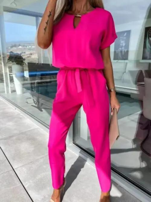 Chic Short-Sleeved V-Neck Jumpsuit with Slip Pocket, Elastic Waist, and Tie-Up Pencil Pants