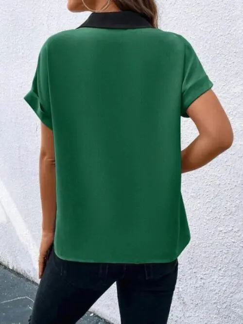 Contrasting Color V-Neck Raglan Sleeve Lapel Loose Top