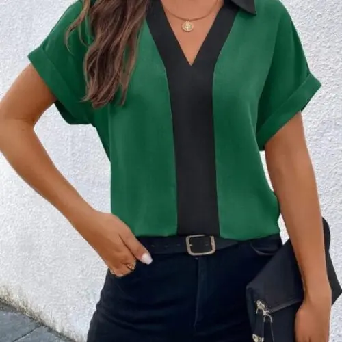 Contrasting Color V-Neck Raglan Sleeve Lapel Loose Top