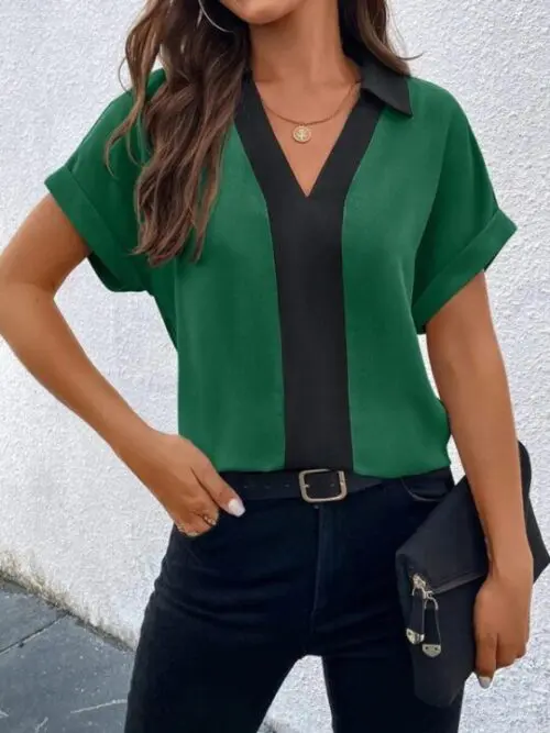 Contrasting Color V-Neck Raglan Sleeve Lapel Loose Top