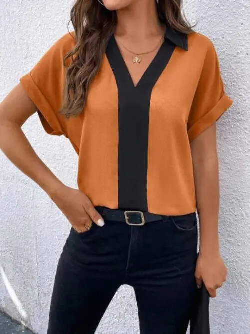 Contrasting Color V-Neck Raglan Sleeve Lapel Loose Top