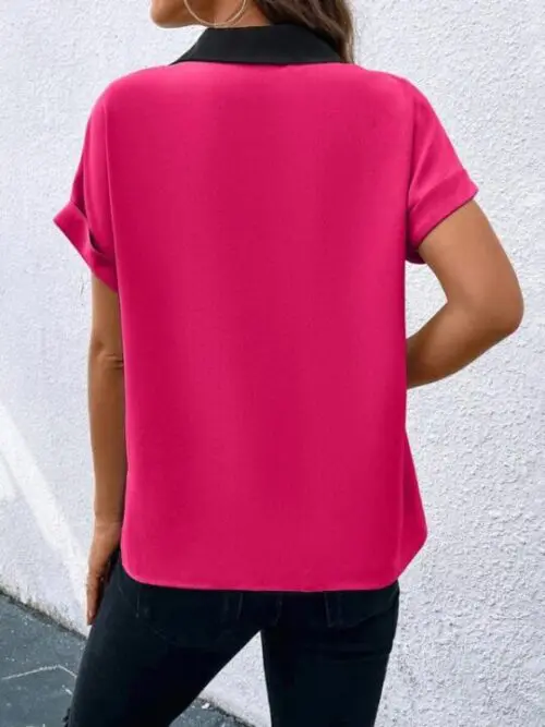 Contrasting Color V-Neck Raglan Sleeve Lapel Loose Top
