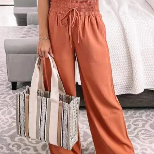 Loose Mid-Waist Casual Trousers with Lace-Up Details and Wide-Leg Cut