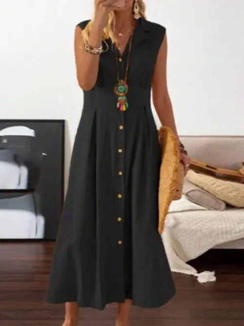 Effortless Style- Sleeveless Cotton and Linen Midi Dress with Lapel Collar