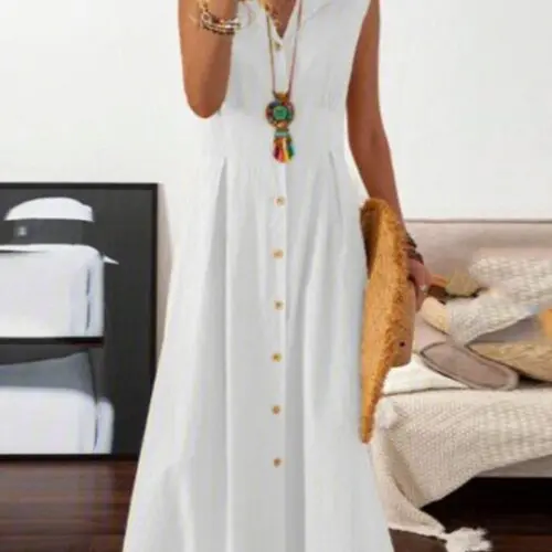 Effortless Style- Sleeveless Cotton and Linen Midi Dress with Lapel Collar