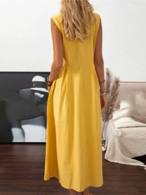 Effortless Style- Sleeveless Cotton and Linen Midi Dress with Lapel Collar