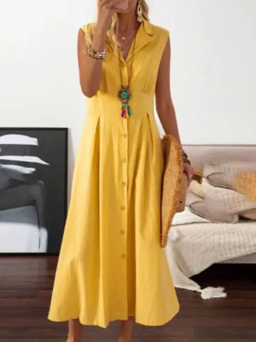 Effortless Style- Sleeveless Cotton and Linen Midi Dress with Lapel Collar