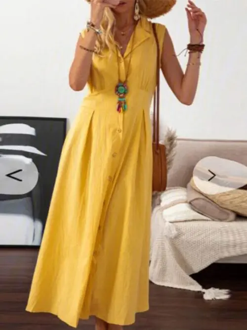 Effortless Style- Sleeveless Cotton and Linen Midi Dress with Lapel Collar