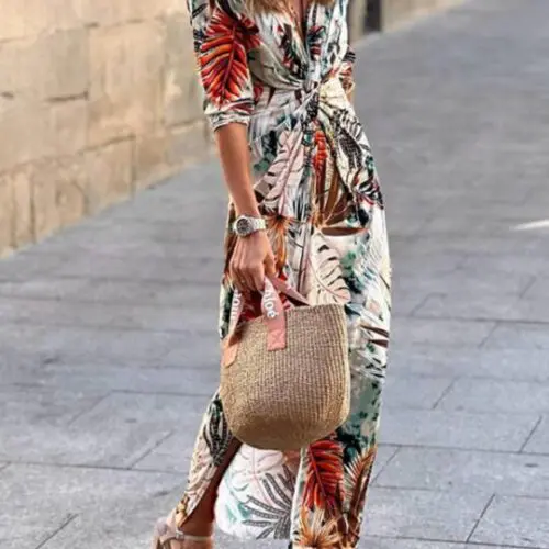 Nature-Inspired Leaf Print Kink V-Neck Dress