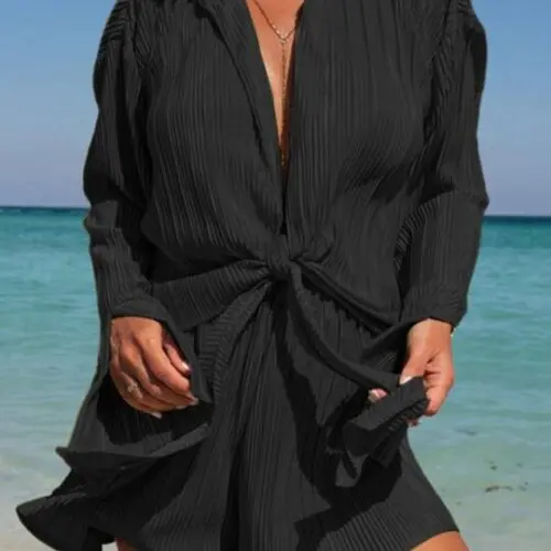 Solid Color Pleated Lapel Long-sleeved Cardigan and Shorts Two-Piece Set