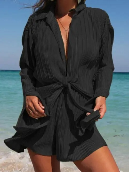 Solid Color Pleated Lapel Long-sleeved Cardigan and Shorts Two-Piece Set