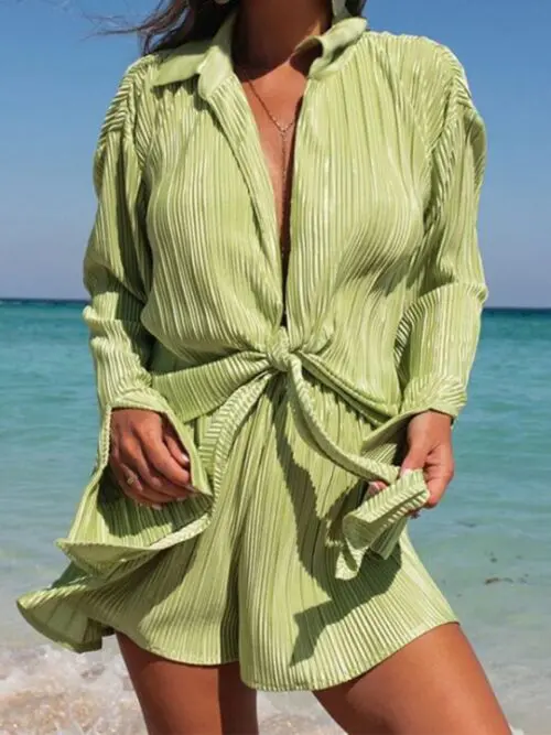 Solid Color Pleated Lapel Long-sleeved Cardigan and Shorts Two-Piece Set