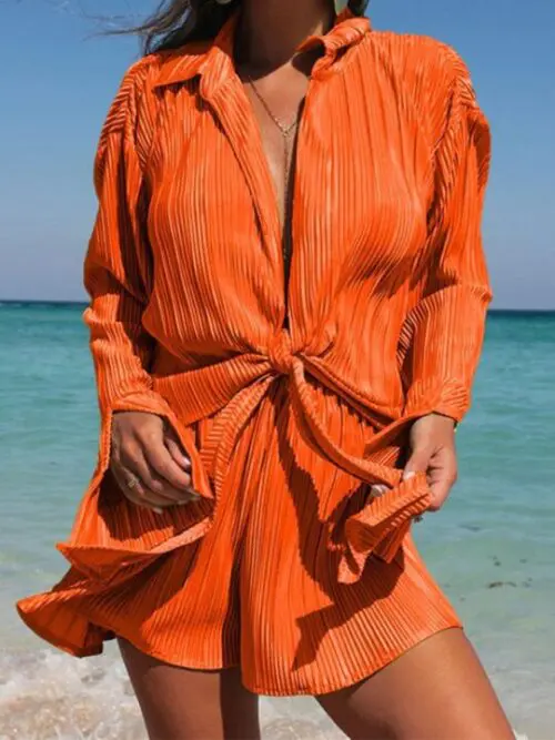 Solid Color Pleated Lapel Long-sleeved Cardigan and Shorts Two-Piece Set