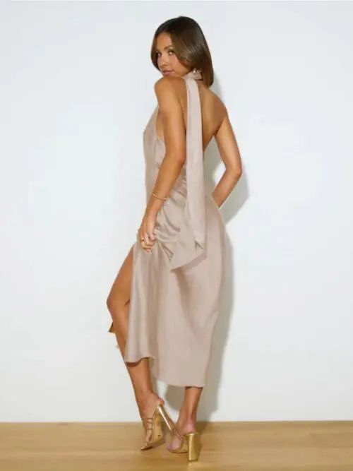 Satin Backless Evening Gown with a Stylish Slit Design