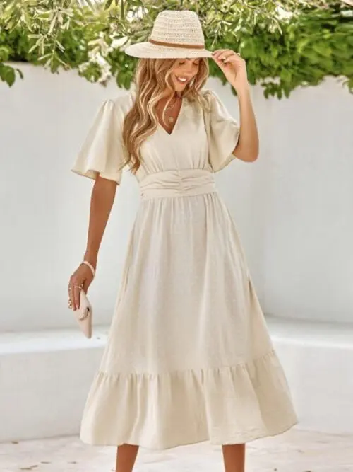V-Neck Lotus Leaf Sleeve Solid Color Dress