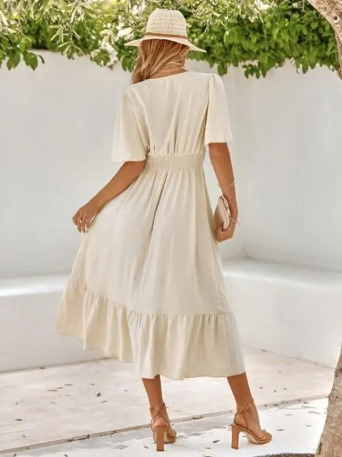 V-Neck Lotus Leaf Sleeve Solid Color Dress