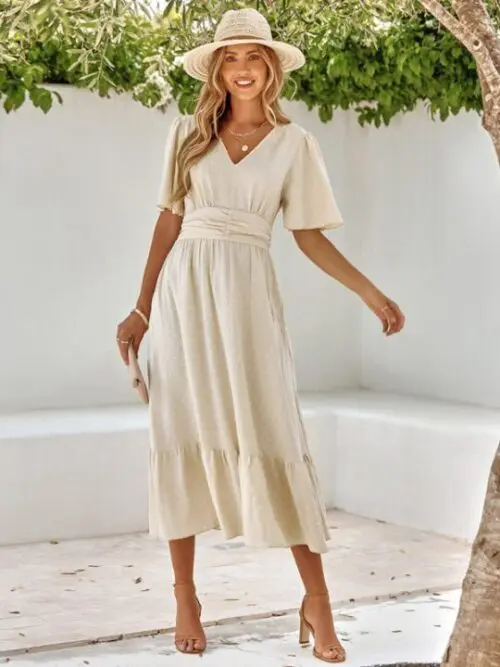 V-Neck Lotus Leaf Sleeve Solid Color Dress