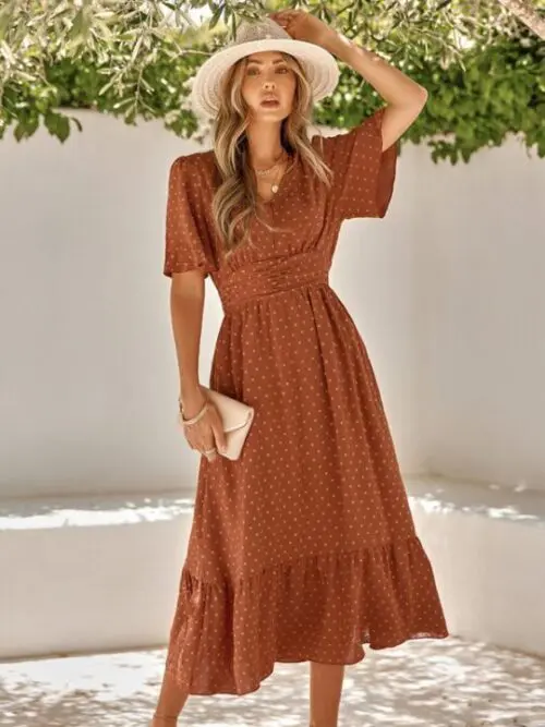 V-Neck Lotus Leaf Sleeve Solid Color Dress