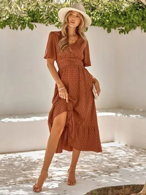 V-Neck Lotus Leaf Sleeve Solid Color Dress