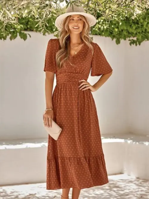 V-Neck Lotus Leaf Sleeve Solid Color Dress