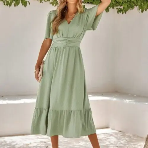 V-Neck Lotus Leaf Sleeve Solid Color Dress