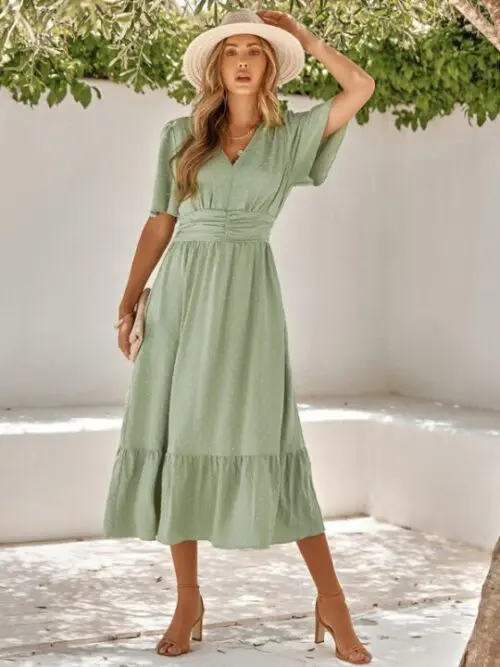 V-Neck Lotus Leaf Sleeve Solid Color Dress