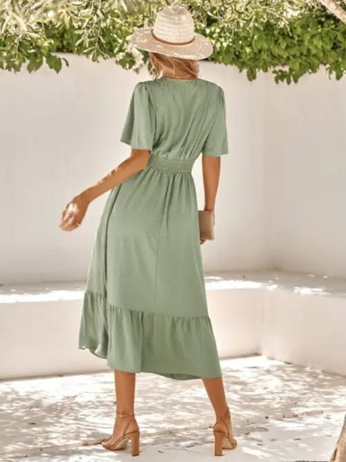 V-Neck Lotus Leaf Sleeve Solid Color Dress