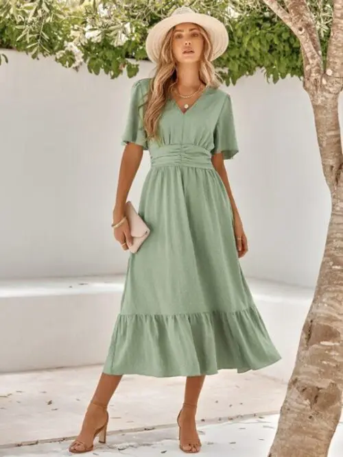 V-Neck Lotus Leaf Sleeve Solid Color Dress