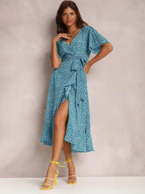 V-Neck Tie-Print Short-Sleeved Dress with Flair