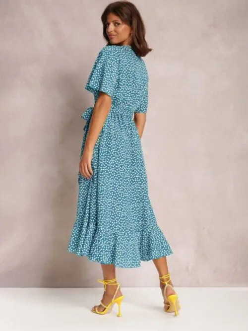 V-Neck Tie-Print Short-Sleeved Dress with Flair