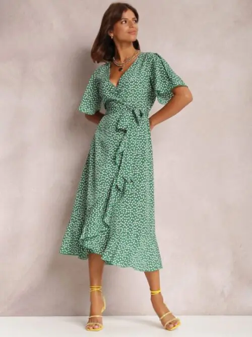 V-Neck Tie-Print Short-Sleeved Dress with Flair
