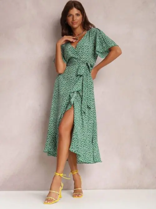 V-Neck Tie-Print Short-Sleeved Dress with Flair