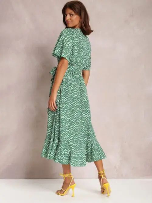 V-Neck Tie-Print Short-Sleeved Dress with Flair