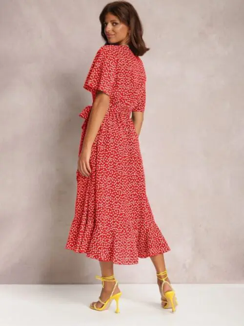 V-Neck Tie-Print Short-Sleeved Dress with Flair