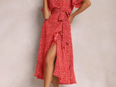 V-Neck Tie-Print Short-Sleeved Dress with Flair