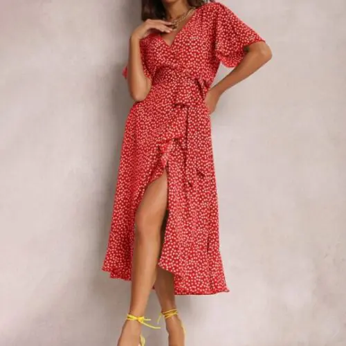 V-Neck Tie-Print Short-Sleeved Dress with Flair