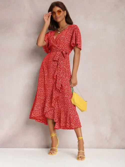V-Neck Tie-Print Short-Sleeved Dress with Flair