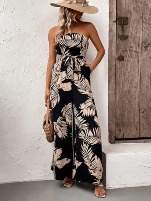 Stylish Tube Top Jumpsuit with Plant Leaf Print