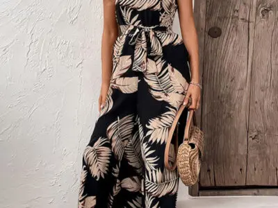 Stylish Tube Top Jumpsuit with Plant Leaf Print