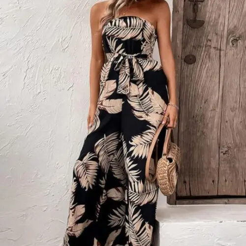 Stylish Tube Top Jumpsuit with Plant Leaf Print