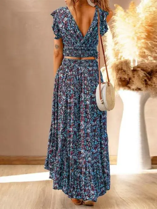 V-Neck Short-Sleeved Pullover Irregular Dress with Waist Slimming Design