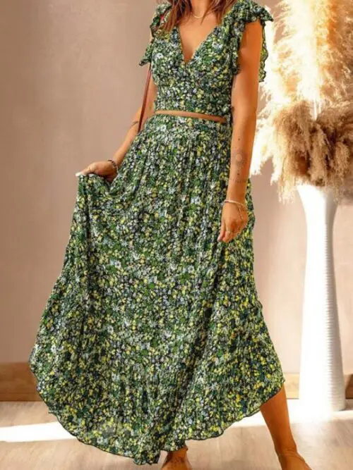 V-Neck Short-Sleeved Pullover Irregular Dress with Waist Slimming Design